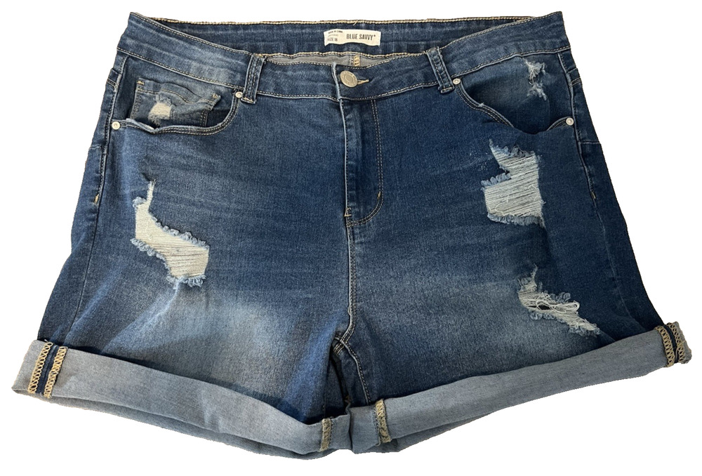 Blue Savvy High Rise Super Stretch Distressed Rayon Denim Shorts Blue Size 18
